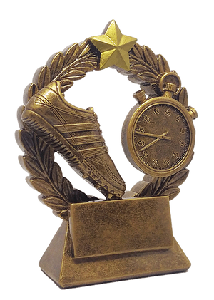 Antique gold Garland Athletics resin trophy featuring a central laurel wreath motif and customizable center insert.