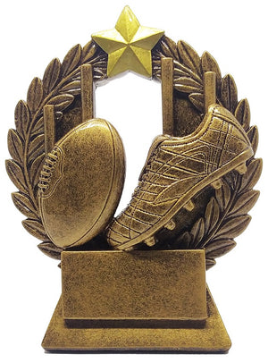 Antique gold Garland Series Australian Rules Football resin trophy featuring an AFL action figure enclosed by a decorative laurel garland frame on an engraved base.