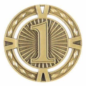 Close-up of First Place HV Series antique gold medal featuring "1st Place" center graphic and diamond-patterned border