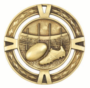 Antique gold HV Series Australian Rules Football medal featuring a diamond-patterned rim, V-notch frame, and a high-relief Aussie Rules football motif.
