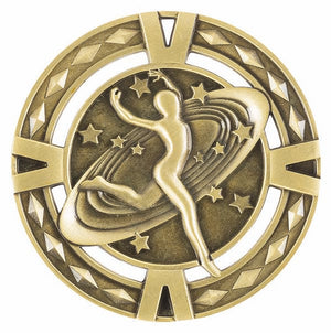 Modern HV Series dance medal in antique finish featuring a detailed dancer motif framed by four connecting V sections and a diamond perimeter pattern