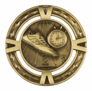 HV Series track medal in antique gold featuring a runner graphic inside a diamond pattern border