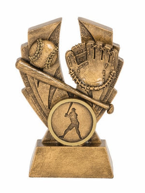 Hawk Series antique gold baseball and softball trophy featuring bright gold trim, dynamic equipment design, and custom 25mm insert centerpiece.