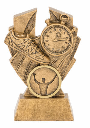 Antique gold Hawk Series track trophy with detailed trim and customizable 25mm center insert.