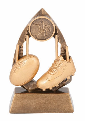 Jewel Series Australian Rules trophy with a faceted jewel design framing a footy graphic on a solid base with custom engraving plate.