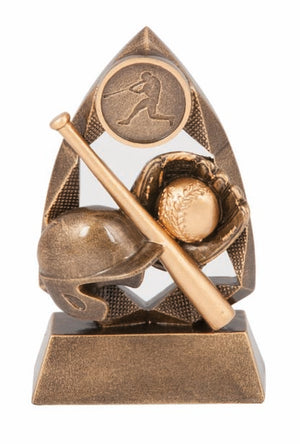 Jewel Series metallic baseball trophy featuring a faceted jewel-cut frame surround, custom 25mm circular insert centerpiece, and engraved base plate.