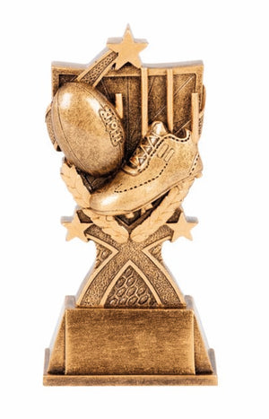 Kona Series Australian Rules trophy in antique gold with gold trim on a solid base featuring a custom engraving plate.
