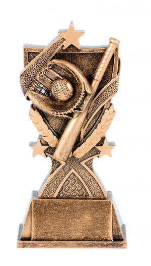 Kona Series antique gold baseball and softball trophy showcasing a detailed bat, ball, and glove design with bright gold trim accents.