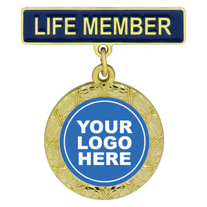 Royal Blue Life Member title bar badge with attached hanging holder designed for 25mm logo insert