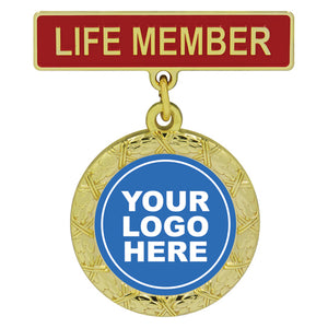 Vibrant Red Life Member title bar badge with attached hanging holder designed for 25mm logo insert