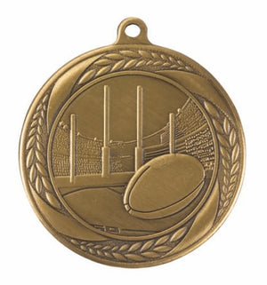 Antique gold Linz Series Australian Rules Football medal featuring an ornate laurel wreath frame surrounding a high-relief footy player motif.