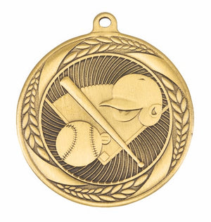 Linz Series large wreath-bordered baseball and softball medals displayed in antique gold, antique silver, and antique bronze finishes.