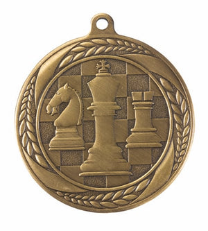 Antique finish Linz Series chess medal featuring detailed chess pieces framed by a classic wreath border
