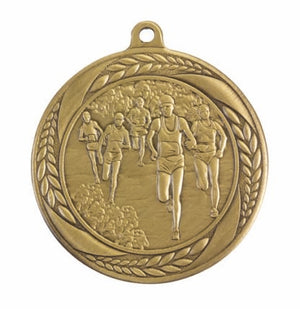 Linz Series Cross Country medal in antique gold featuring detailed distance runner motif and patterned border
