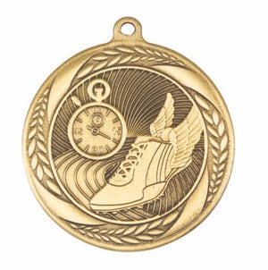 Linz Series Track medal in antique gold featuring detailed sprinters motif and patterned rim