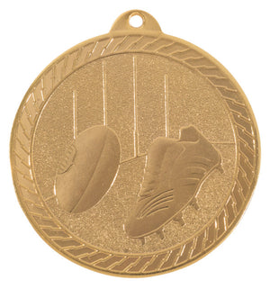 Madison Series Australian Rules football award medal showcasing detailed footy motifs framed by a laurel wreath border with top ribbon loop.