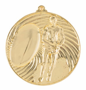 Bright gold Milan Series Australian Rules medal displaying an action footy player figure set against a vibrant textured background and top ribbon slot.