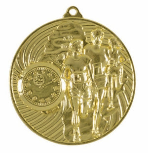 Milan Series Cross Country medal in antique gold featuring detailed distance runner motif and ornate border