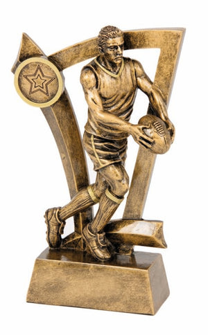 Antique gold male Australian Rules Football trophy featuring a player taking a kick, with custom 25mm insert holder and base plate – Nitro Series.