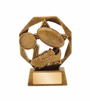 Antique gold Octo Series Australian Rules Football trophy featuring a player figure enclosed within an 8-sided geometric frame on a custom engraved base.