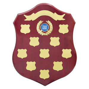 Premium Rosewood Shield Perpetual trophy with high-gloss finish, custom club logo header, and annual winner plates