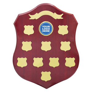 Premium Rosewood Shield Perpetual trophy with high-gloss finish, custom club logo header, and annual winner plates