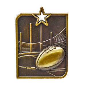 Modern gold rectangular award medal featuring high-relief Australian Rules football artwork, crisp bevel edges, and a top ribbon slot.