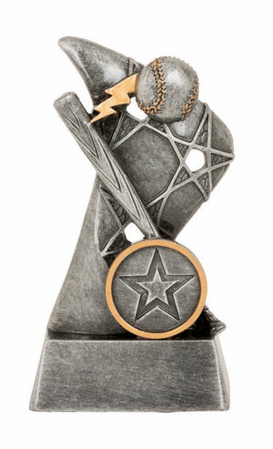Reno Series antique silver baseball and softball award trophy featuring gold trim accents and a custom 25mm circular insert center.