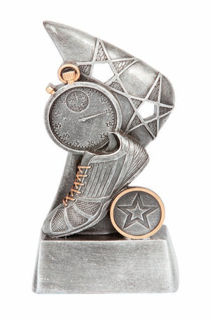 Antique silver Reno Series track award trophy with gold trim and a customizable 25mm center insert.