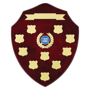Rosebud Shield Perpetual trophy award with custom logo header plate and multiple annual winner date plaques