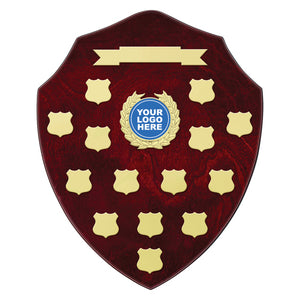Rosebud Shield Perpetual trophy award with custom logo header plate and multiple annual winner date plaques