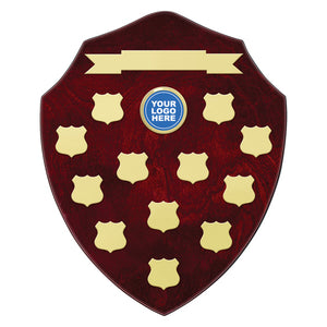 Rosebud Shield Perpetual trophy award with custom logo header plate and multiple annual winner date plaques