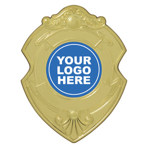 Shield Logo Badge in ceremonial bright gold finish with custom logo insert and engraved text space