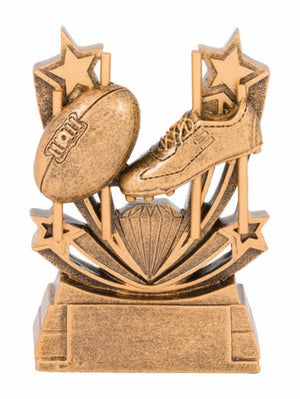 Solar Series Australian Rules trophy with a sunburst frame surrounding an AFL football graphic, on a solid base with an engraved plate.