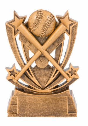 Solar Series antique gold baseball trophy featuring a radiating sunburst backdrop, detailed baseball motif, and engraved metal base plate.
