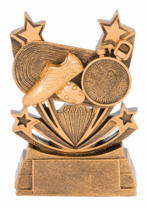 Solar Series track trophy with radiant sunburst framing, metallic accents, and a customizable 25mm center insert.