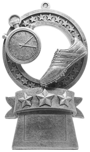 Small antique gold resin trophy featuring a star-framed athletics medal design with customizable center insert and engraved base plate.