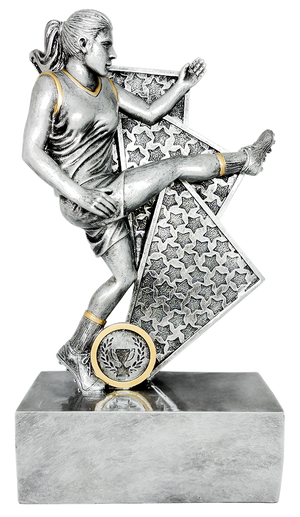 Antique silver female Australian Rules Football trophy figure with gold highlights on an engraved base – Triumph Series.