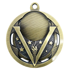 Shiny Victory Gold medal featuring a 25mm customizable central insert space and attached neck ribbon loop