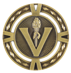 Close-up of Victory HV Series antique gold medal with detailed diamond-patterned border and custom ribbon attachment