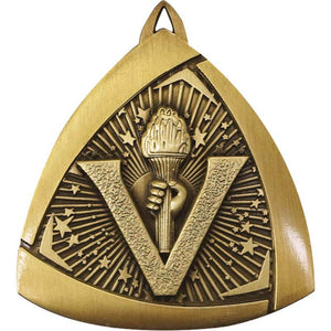 Metallic Victory Triangle Gold award trophy featuring custom etched text mounted on a heavy black base