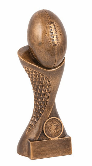 Heavyweight antique gold Volt Series Australian Rules Football trophy featuring an accurate 3D footy ball centerpiece and custom engraved base plate.