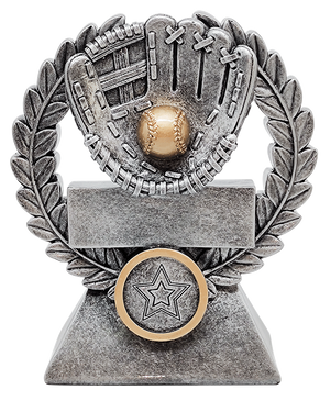 127mm antique silver molded resin baseball award featuring a detailed baseball motif within an ornate victory wreath border and custom engraved base plate.
