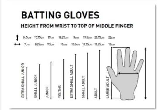 Size chart for GM Mana Batting Gloves