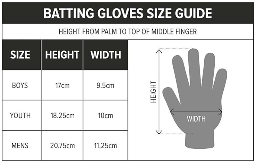 Size chart for NEXT Titan Batting Gloves