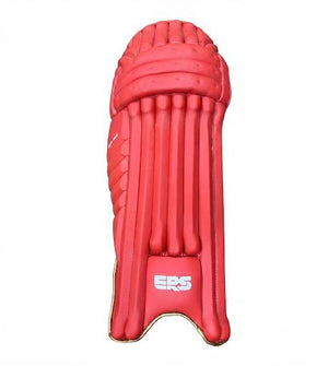 Front view of ERS Resilient cricket batting pads in red with white ERS branding and wooden background