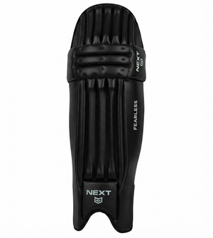 Front view of lightweight black NEXT Fearless cricket batting pads featuring cane and hard foam protection
